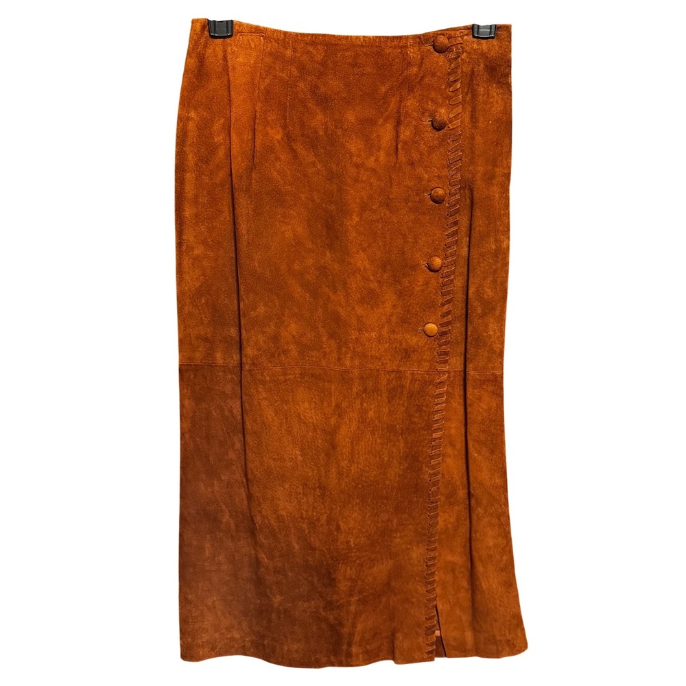 Cedars Vintage Genuine Leather Suede Button Front Skirt Cognac Brown Size 12 NEW